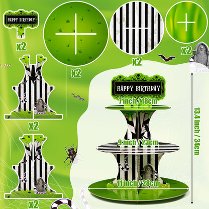BHronony Beetle Cupcake Stand Decorations - 3 Tier Horror Movie Halloween Party Cake Toppers Tiered Stand, Horrible Theme Paper Cupcake Tower Cactus Dessert Holder for Birthday Bar Supplies (2PCS)