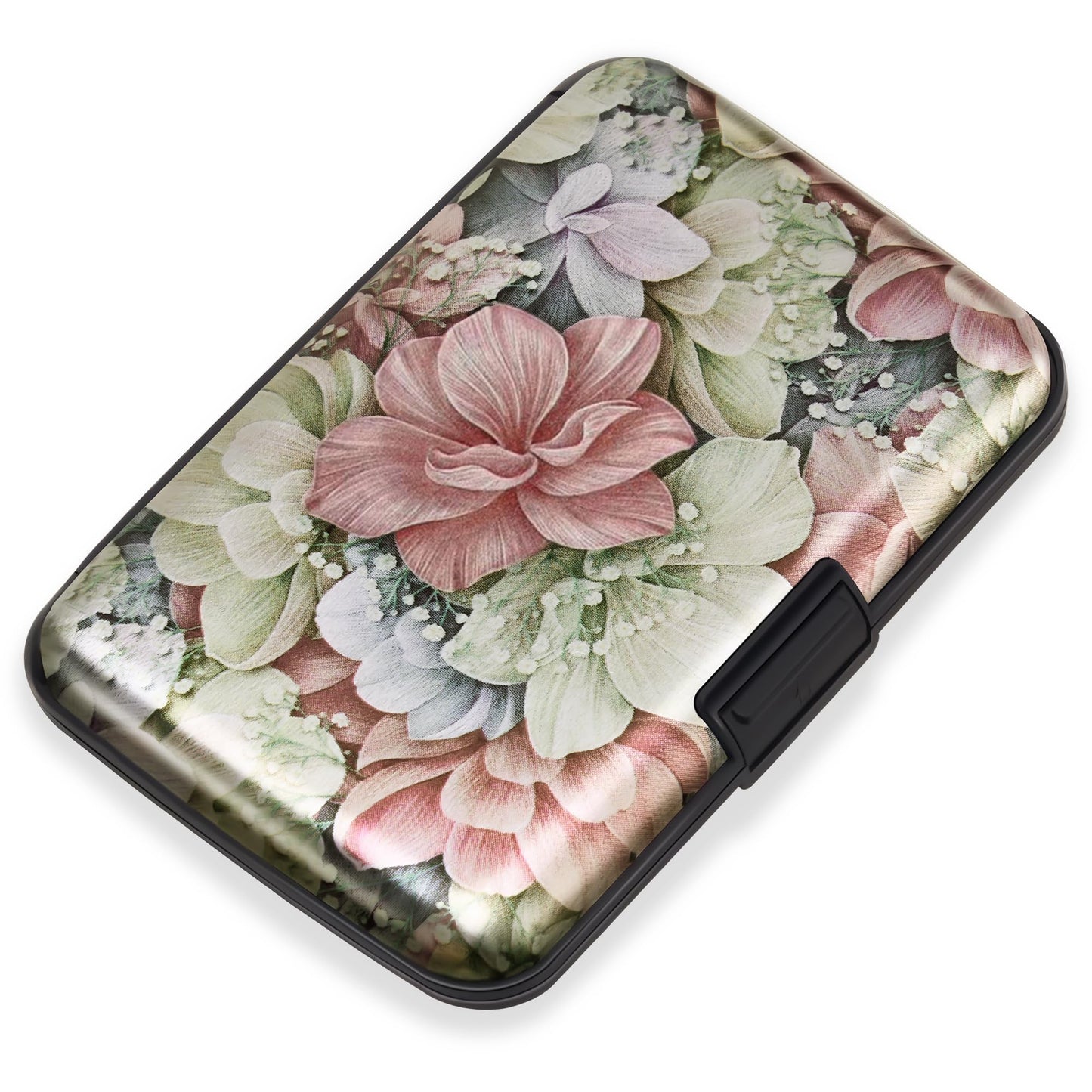 Mayski Credit Card Holder, RFID Blocking, Aluminum Alloy Hard Case, Small Mini Business Metal Wallet for Women Men, Happy Flower
