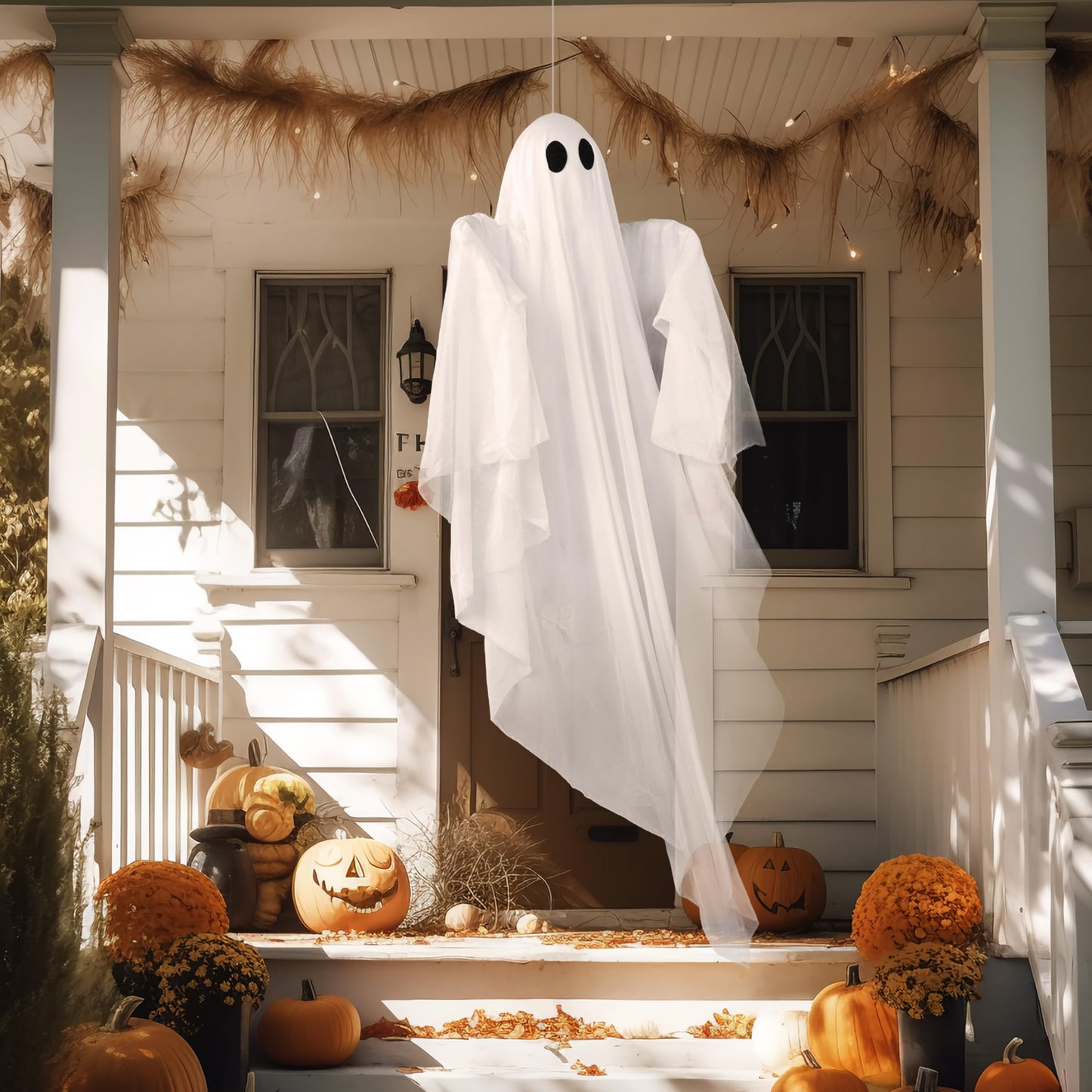 JOYIN Halloween Hanging Light up Ghost, 47" White Ghosts with Cold White LED Light and Timer Halloween Hanging Decoration Waterproof for Front Yard Patio LawnGarden Party Decor Indoor Outdoor