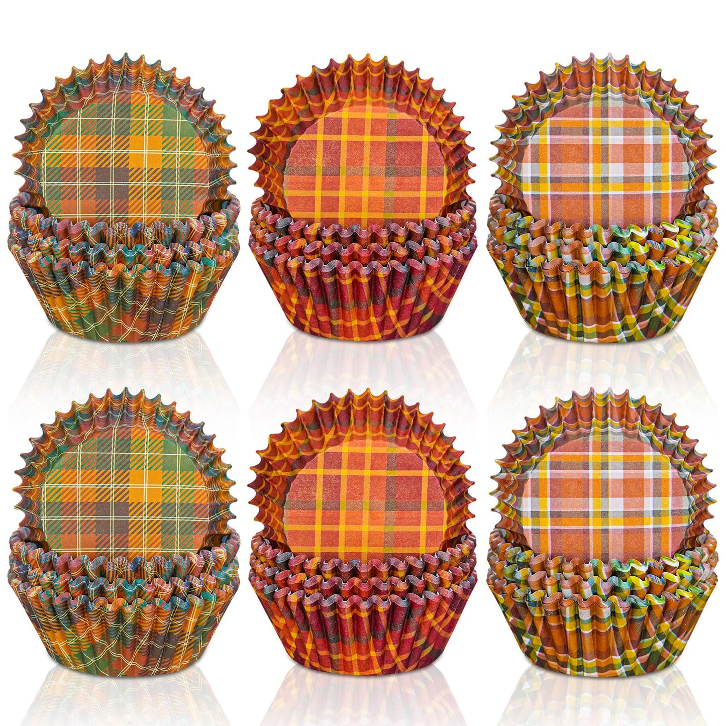Whaline 600Pcs Fall Thanksgiving Cupcake Liners Plaid Baking Cups Autumn Muffin Cupcake Wrappers for Birthday Party Decor Supplies