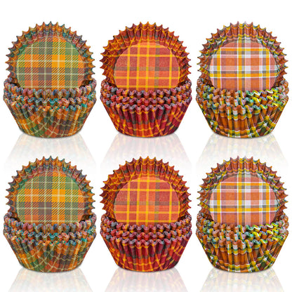 Whaline 600Pcs Fall Thanksgiving Cupcake Liners Plaid Baking Cups Autumn Muffin Cupcake Wrappers for Birthday Party Decor Supplies