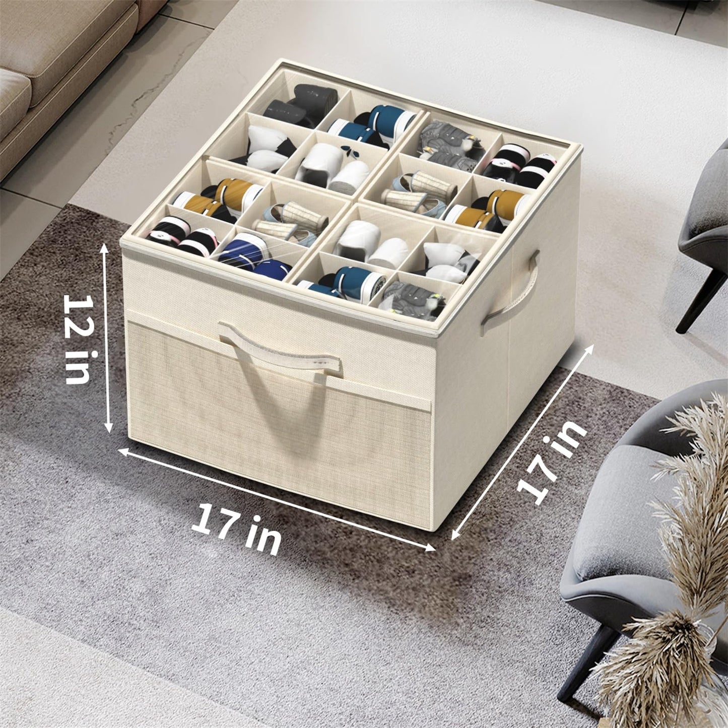 Aokeyee Shoe Organizer for Closet,2 Pack Foldable Shoe Storage Organizer Box Bin with Adjustable Dividers and Clear Cover, Fits up to 16-32 Pairs (Beige)