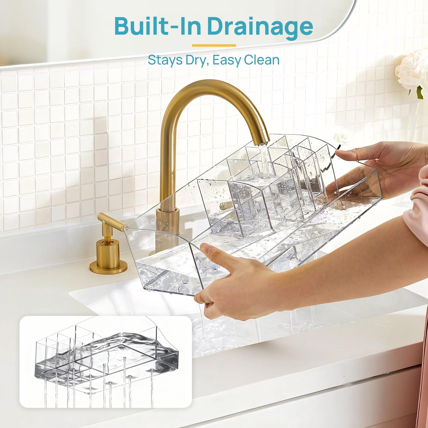 Vtopmart 6 PCS Bathroom Countertop Organizer, 1 Divided Tray with 4 Qtip Holder Jars and 1 Drawers, Restroom Clear Organizers for Toothbrush, Cotton Pads, Vanity Accessories Storage Set