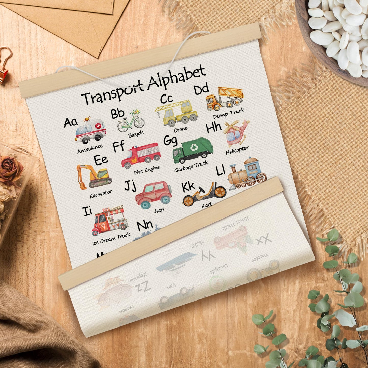 MOTERMATE Transport Abc Alphabet Wall Art Poster Chart, Playroom Decor, Learning Educational Canvas Poster Hanger Frame for Toddlers Classroom, Alphabet Car Themed Wall Hanging Banner Decor, 12x16Inch