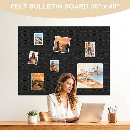 AKONEGE Felt Bulletin Board Tiles 12 Pack, 48" x 36" Cork Board Alternative, DIY Pin Board Wall Tiles for Photo Wall, Vision Board, Dorm Room & Home Office Decor, Stick-On with Adhesive Tabs, Black