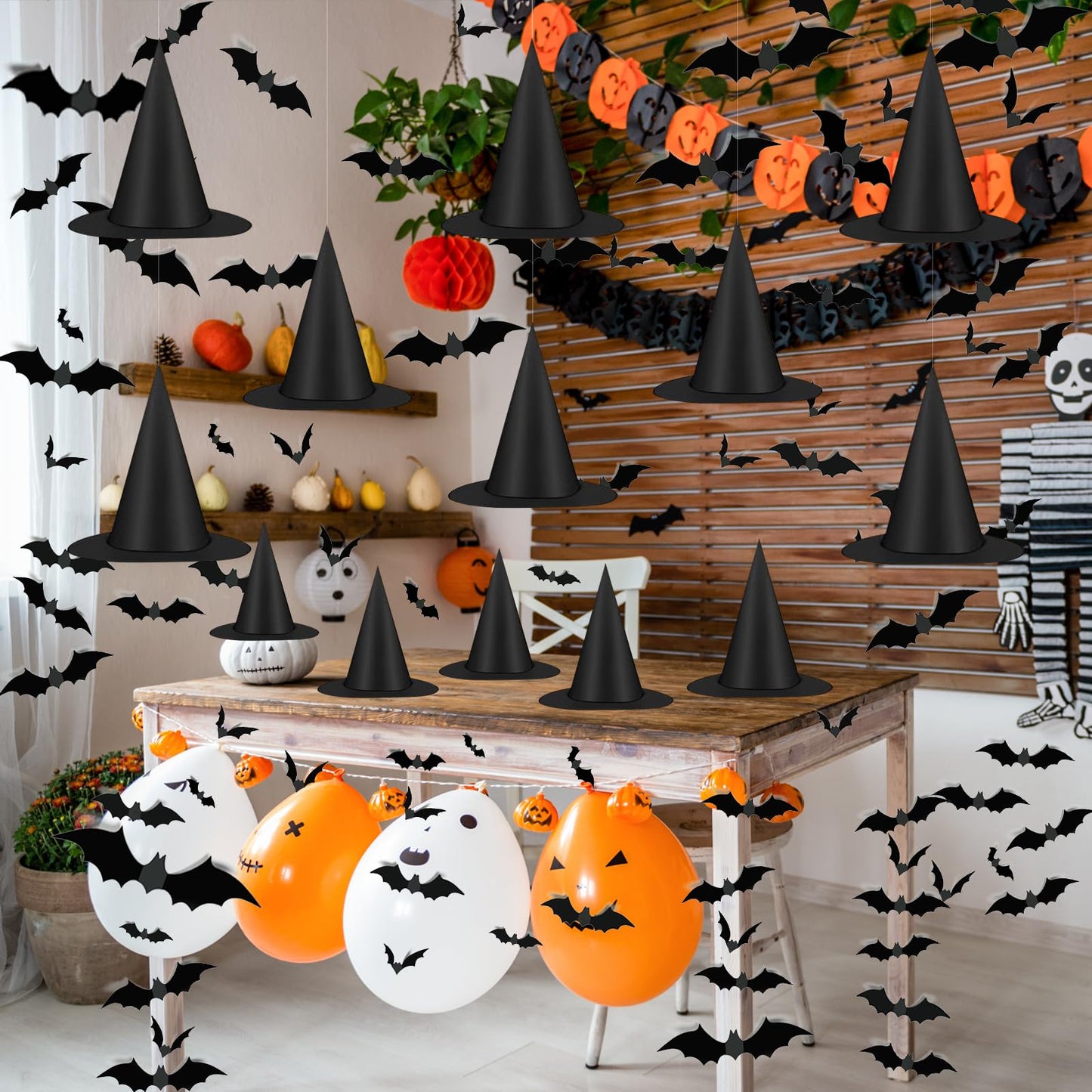 Famoby 12pcs Halloween Black Witch Hat with 157 FT Nylon Cord &120pcs Bat Sticker for Indoor Outdoor Home Yard Porch Ceiling Halloween Party Decorations