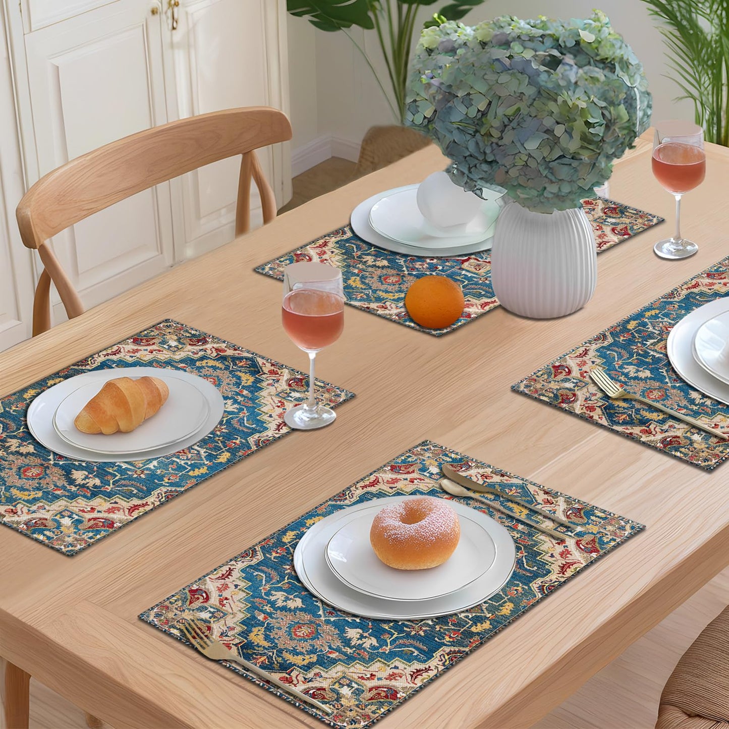 Kerton Stork Blue Cream Placemats Set of 8, Boho Bohemian Place Mats