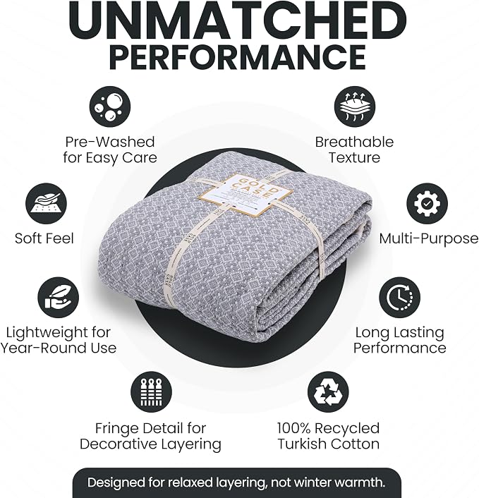 Gold Case Throw Blanket for Bed - 100% Recycled Turkish Cotton Blanket - Retro Lightweight Soft Throw Blankets for Bed & Living Room - Twin Size Cozy Blankets - 71x90 - Grey