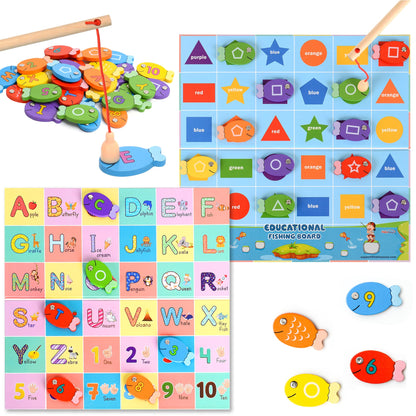 Haktoys Fishing Alphabet Game Montessori Magnetic Learning Toy, 4-in-1 ABC Letters, Numbers, Colors and Shapes Educational Game for Toddlers Preschool Kids, Fishing for Numbers