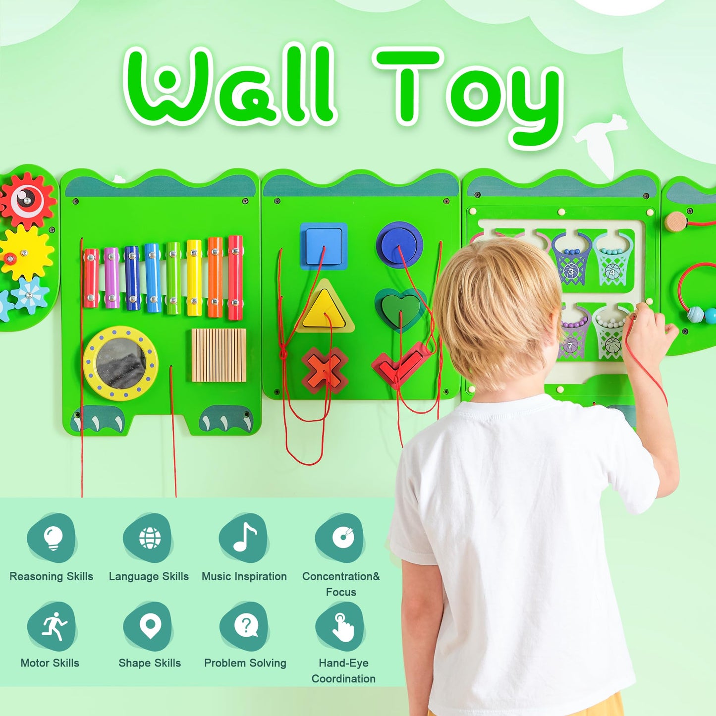 nigwet Crocodile Sensory Toys Activity Wall Panels, Educational Montessori Busy Board for Toddlers, Activity Cube - Sensory Wall, Wooden Learning Toys, Interactive Toy-Green