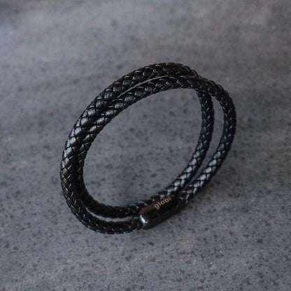 Globi Leather Bracelet For Men | Genuine Wrap Braided Leather Cuff Bangle Bracelet with Magnetic Stainless Steel Clasp For Men/Women (Black 7”)