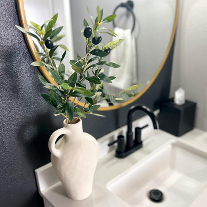 Luxurious Gift Set Textured Ceramic Vase 10 Inch with Olive Branches 22 Inch Tall White Medium Vase Artificial Topiaries Fake Plants, Minimalist Shelf Decor, Neutral Home Office High End Gifting Decor