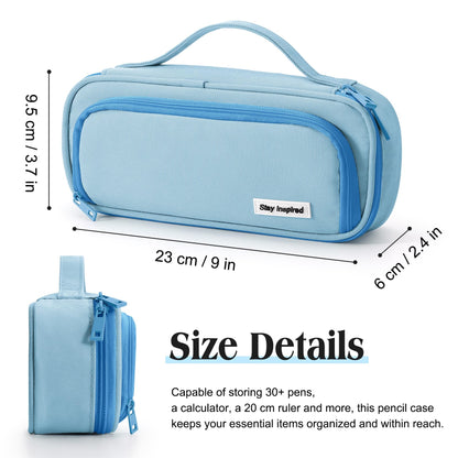 Ralnitote Large Pencil Case for Girls and Boys, Aesthetic Pencil Case Organizer with Handle, Cute Pencil Pouch for School & Office Supplies-Blue