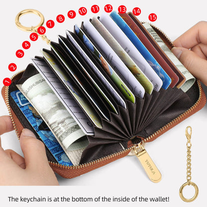 YUYULA Lether Women Credit Card Wallet, Zipper Business Card Holder for Women, RFID Blocking, KeyChain Wallet (Beige With Brown)