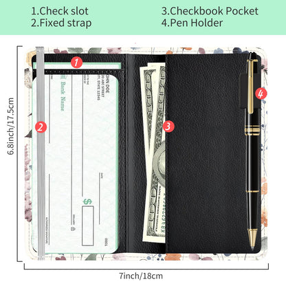 APVDSH Checkbook Cover for Personal Checkbook, Cute PU Leather Check Book for Women & Men, Slim Checkbook Holder with Pen Holder and Built-in Clear Plastic Divider Soft Neutral Floral