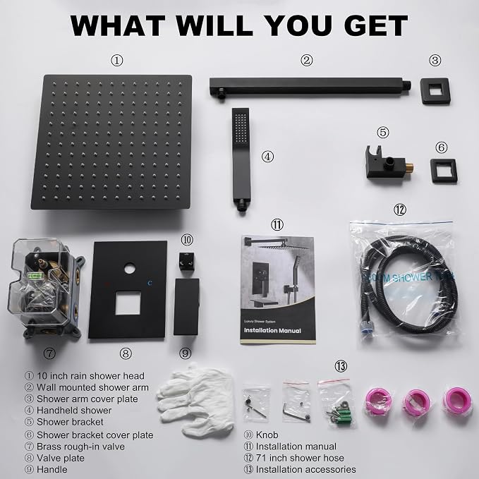 Matte Black Shower System with 10-Inch Rain Showerhead and Handheld | Innovative air-injection technology for low pressure, high-flow rate up to 3.22 GPM ensuring powerful consistent stream