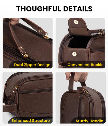 Vorspack PU Leather Toiletry Bag for Men - Water Resistant Travel Bag for Toiletries, Shaving, Grooming, Bathroom Essentials - Dark Brown