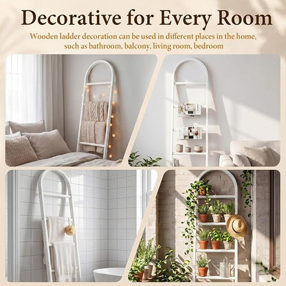 Sintuff Arched Blanket Ladder for Living Room, 5.5ft Wooden Blanket Rack, 5-Tier Natural Leaning Ladder Shelf for Farmhouse Bedroom Living Room Bathroom Decor(Arch,White)