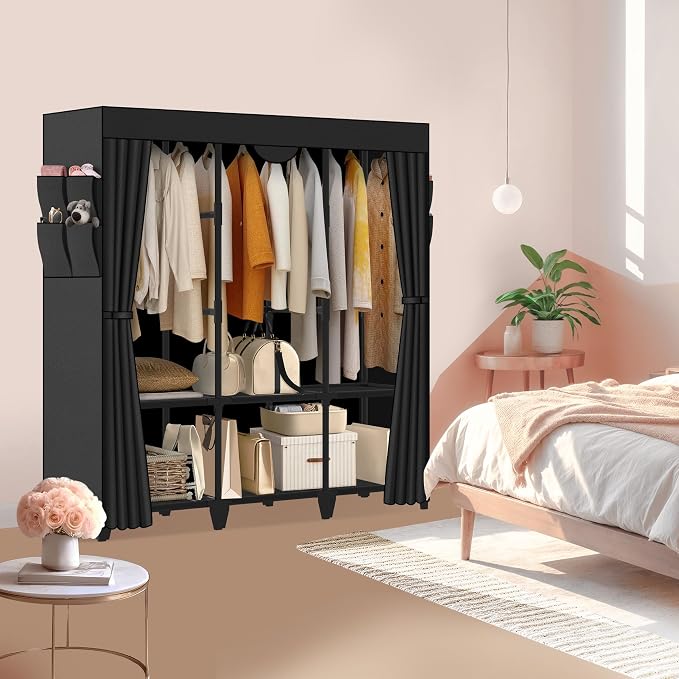 Wardrobe Closet, Quick and Easy Assembly, Black Large Capacity Portable Closet with 3 Hanging Rods 6 Storage Shelves and 8 Side Pockets, Clothes Rack with Cover, for Bedroom and Living Room