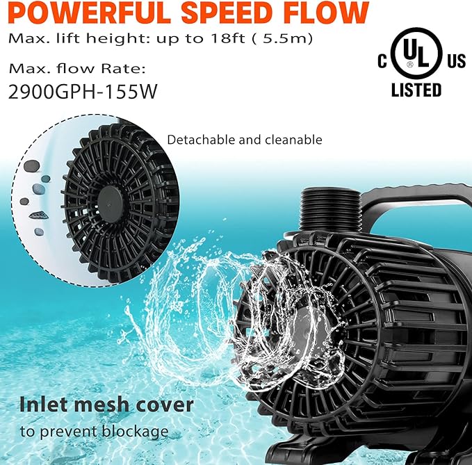 WaterRebirth (2900GPH-155W,UL listed) High Flow Large Fountain Submersible Water Pond Sump Pump Aquarium Electric Waterfall Pump Outdoor PS- 2900 (Pack of 2)