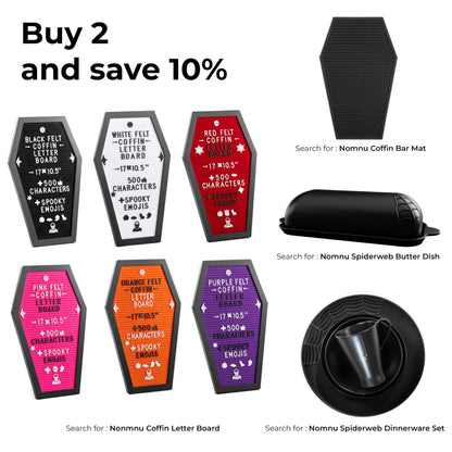 Nomnu Coffin Letter Board Black +3D Bat Stickers +650 Characters, Spooky Seasonal Emojis, Wooden Stand - 17x10.5 Inches - Coffin Shaped Goth Decor Sign Halloween Decorations Gothic Decor Birthday Home Spooky Gifts