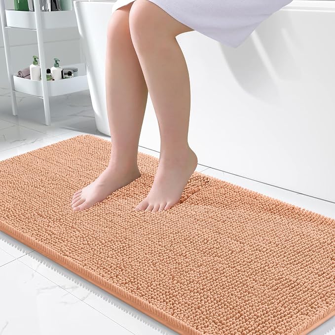 OLANLY Large Bathroom Rugs 50x30, Extra Soft Absorbent Chenille Bath Rugs, Rubber Backing Quick Dry, Machine Washable Bath Mats for Bathroom Floor, Tub and Shower, Home Decor Accessories, Peach