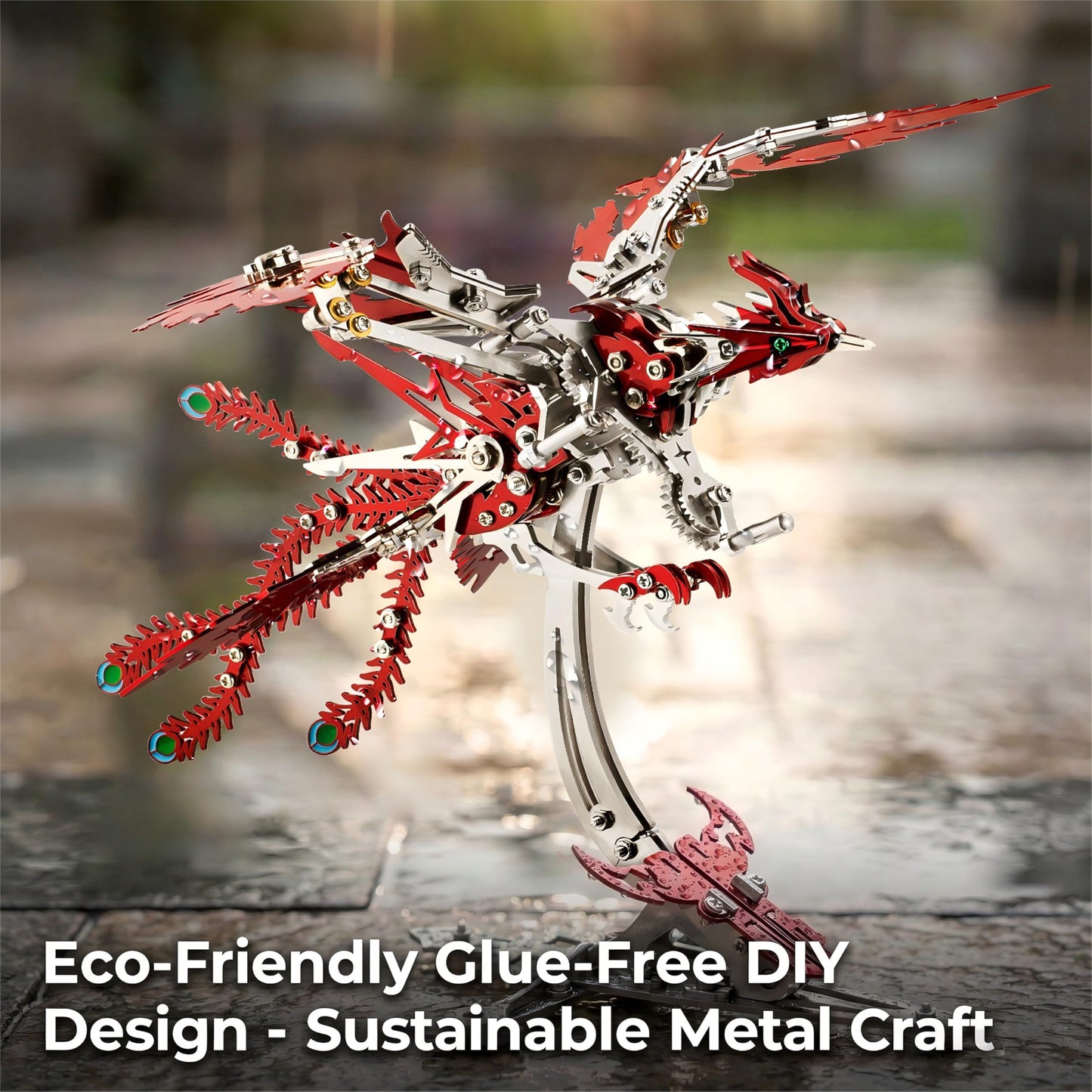 Gold-Plated Metal Phoenix Model Kit - 3D Stainless Steel Mythical Bird Puzzle for Adults - Mechanical Firebird Figurine - Steampunk Kinetic Art Sculpture - Home Decor Gift(Phoenix-Red)