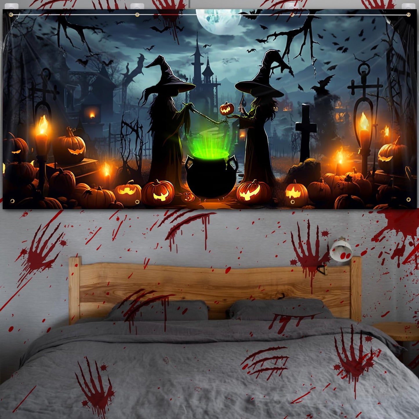 Lighted Witch Halloween Garage Door Decorations Banner - 7 x 16 ft Halloween Garage Door Cover with LED Light Strap, Large Hanging Backdrop for Home Outdoor Spooky Party Yard Decor