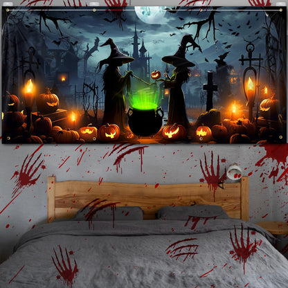 Lighted Witch Halloween Garage Door Decorations Banner - 7 x 16 ft Halloween Garage Door Cover with LED Light Strap, Large Hanging Backdrop for Home Outdoor Spooky Party Yard Decor