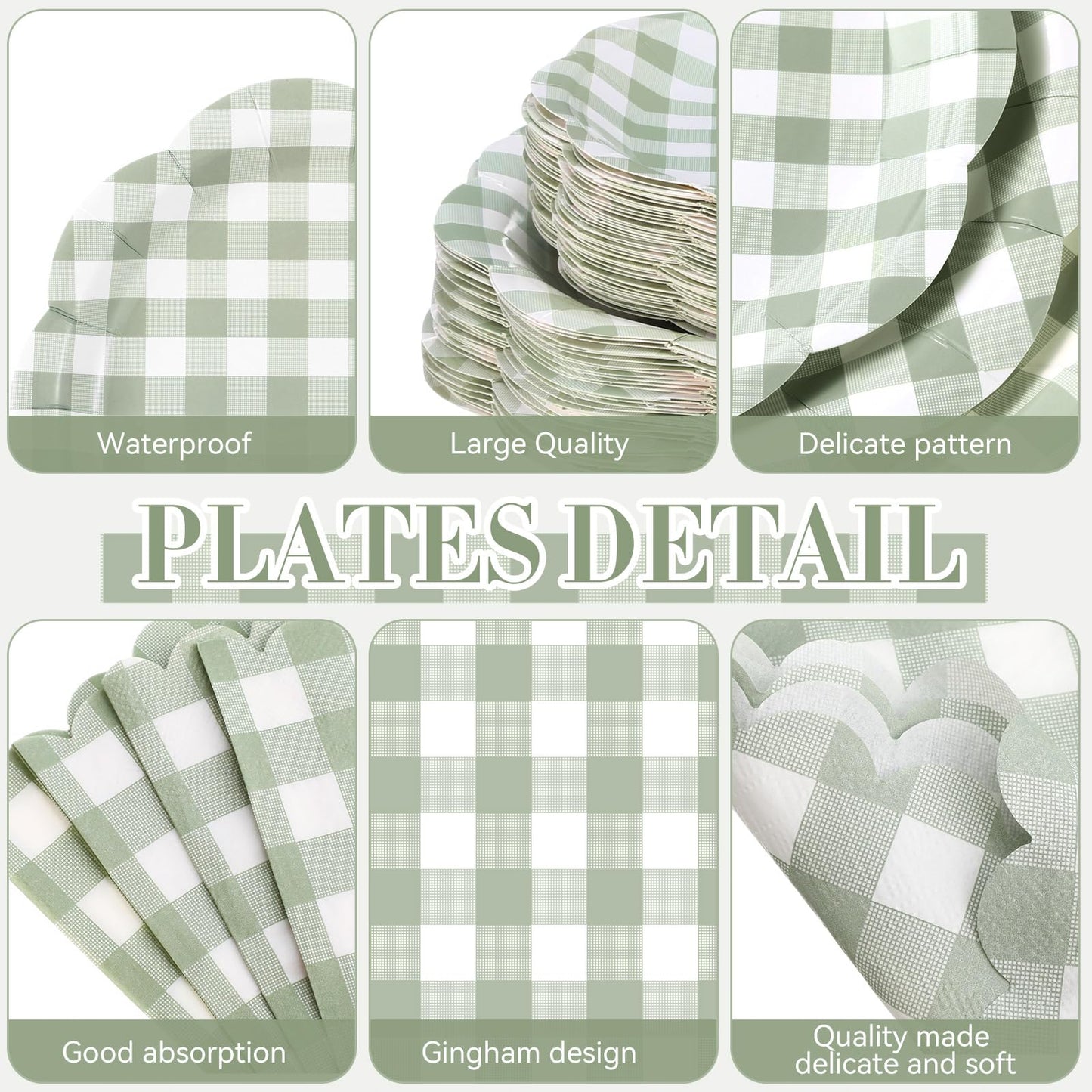 Funnymoom 452 Pcs Sage Green Gingham Party Supplies for 50 Guests, Green Gingham Paper Plates Napkins Cup Tablecloth Disposable Tableware for BBQ Picnic Birthday Baby Shower Wedding Party Decoration