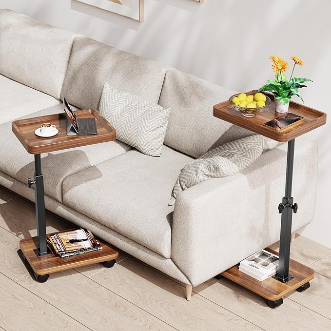 C Table End Table Adjustable Height, 360°Swivel TV Tray Table for Small Spaces, Side Tables with Wheels for Living Room and Bedroom, Bed (Walnut) | Adjustable Height, 360°Swivel, for Small Spaces, Couch Tables, That Slide Under, with Wheels