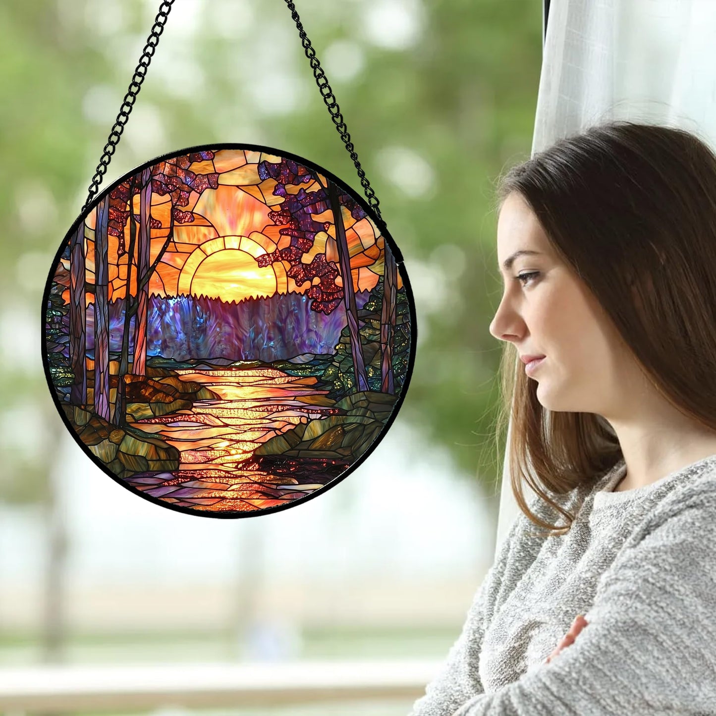 JOSUMALY Stained Glass Window Hanging, Orange Landscape Green Purple Lake Forest Suncatcher for Doors Window Home Sun Catchers Decor Mother's Day Birthday Gifts for Women Men Mom 9.8 in