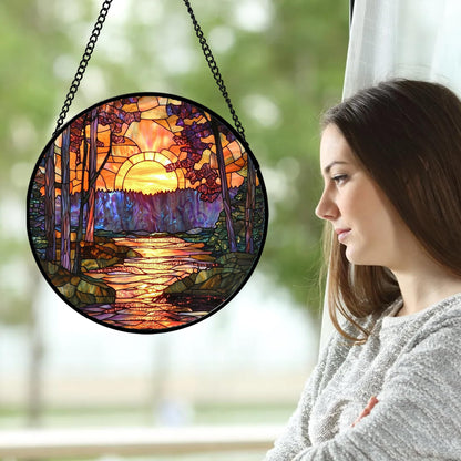 JOSUMALY Stained Glass Window Hanging, Orange Landscape Green Purple Lake Forest Suncatcher for Doors Window Home Sun Catchers Decor Mother's Day Birthday Gifts for Women Men Mom 9.8 in
