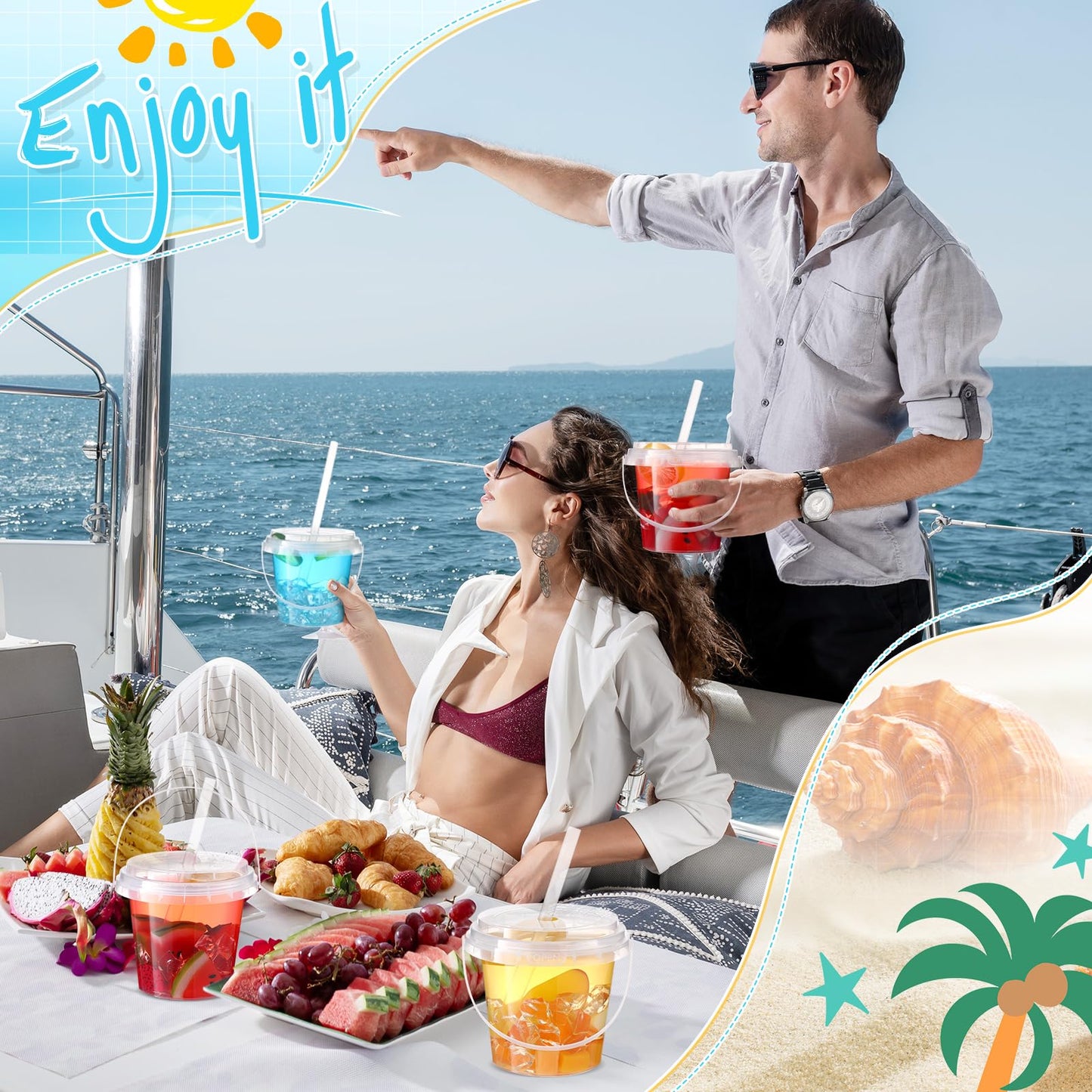 Funnymoom 15 Set 24oz Clear Plastic Drink Buckets with Lids and Straws Disposable Iced Coffee Cups Rum Buckets for Cocktail Parties Smoothie Cup Bulk with Handles for Beach Pool Party Supplies