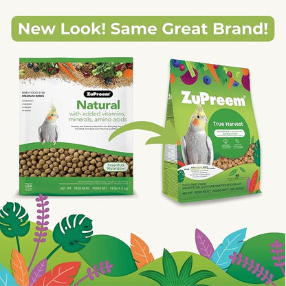 ZuPreem True Harvest Bird Pellets, Daily Bird Food for Cockatiel, Lovebird, Quaker, Small Conure, Lorikeet, Core Nutrition for Medium Birds, Added Vitamins, Cockatiel Pellets (M, 10 lbs)