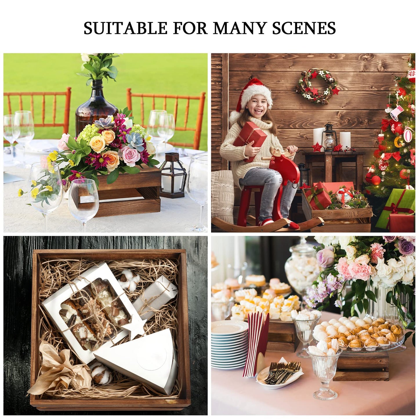 Sieral 4 Pieces Wood Cupcake Display Stand Decorative Dessert Appetizer Cake Stand Risers Wooden Crate Rustic Cake Risers for Storage for Party Christmas Halloween Wedding Decor(Burnt Wood)