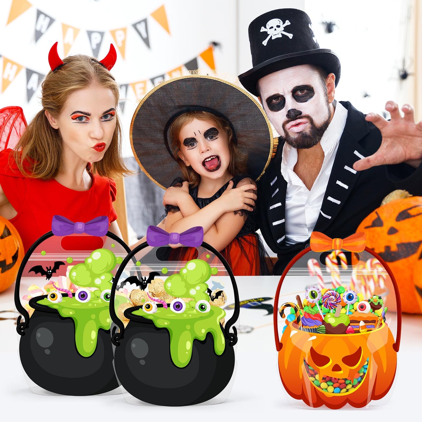 Fuutreo 50 Pcs Halloween Bags Plastic Halloween Goodie Bags with Handles Scary Cauldron Sealed Pouch Sealing Pumpkin Treat Candy Pouch for Scary Holiday Party Candy Gift Supplies Decor(Bubble Gourd)