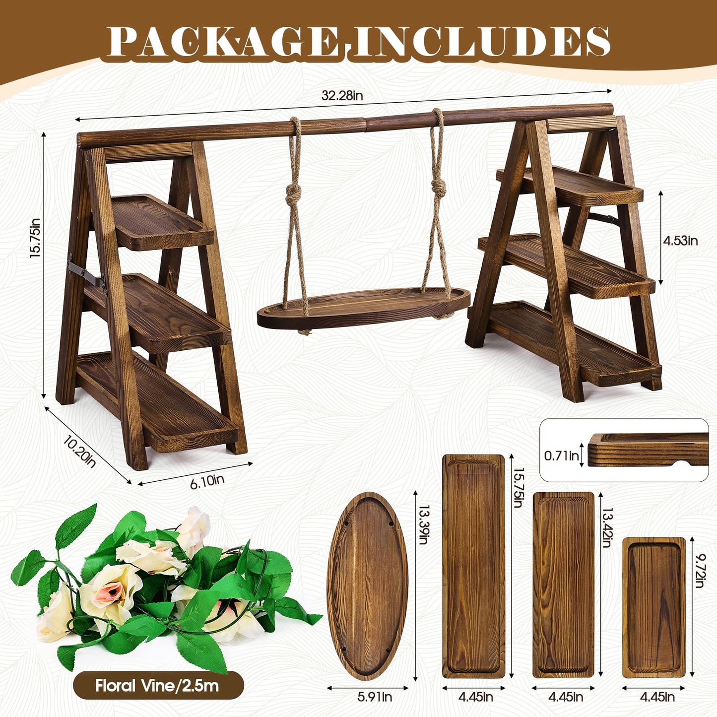 NANXITU Wooden Cupcake Stand,3 Tier Cake Stands Party Food Display Serving Platter Tray Ladder Stand with Swing and Flower Decor,Rustic Dessert Table Display Set for Cake Fruit Donut Snack Cookie