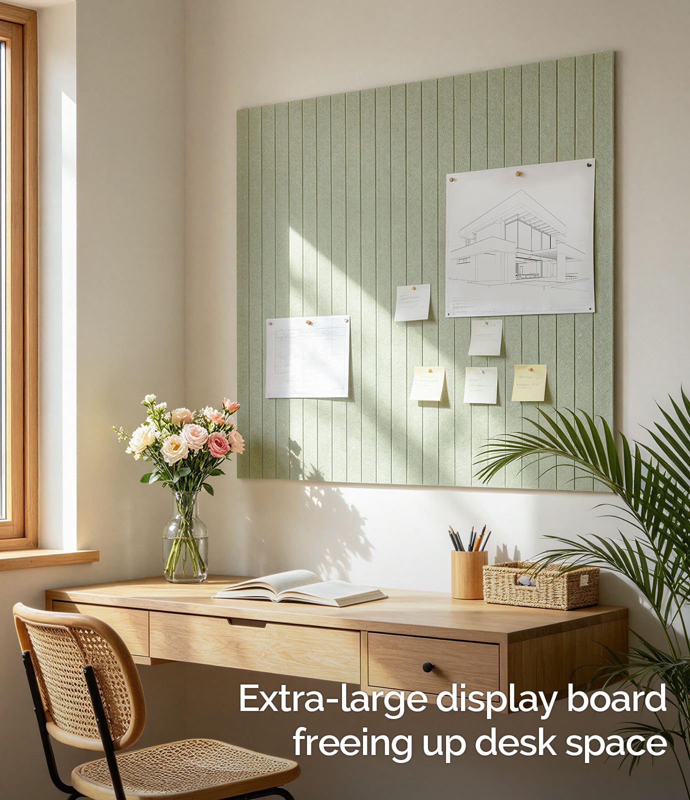 Bounmer Large Cork Board Alternative 48“ x 36”, 12-Pack Felt Bulletin Board Tiles with 60 Safe Removable Adhesive Tabs & 30 Pushpins, Cork Boards for Office Walls Decor (Sage)
