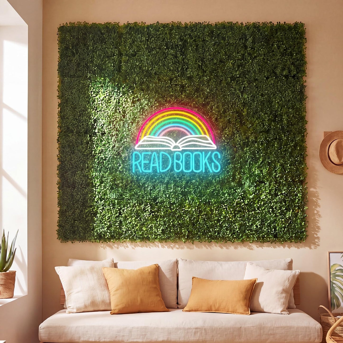 Fumete 13 Pcs Classroom Reading Corner Calming Corner Decor 10 x 10" Artificial Grass Wall Panels with Read Books Neon Sign Classroom Greenery Wall Decoration for Home School Party Supplies
