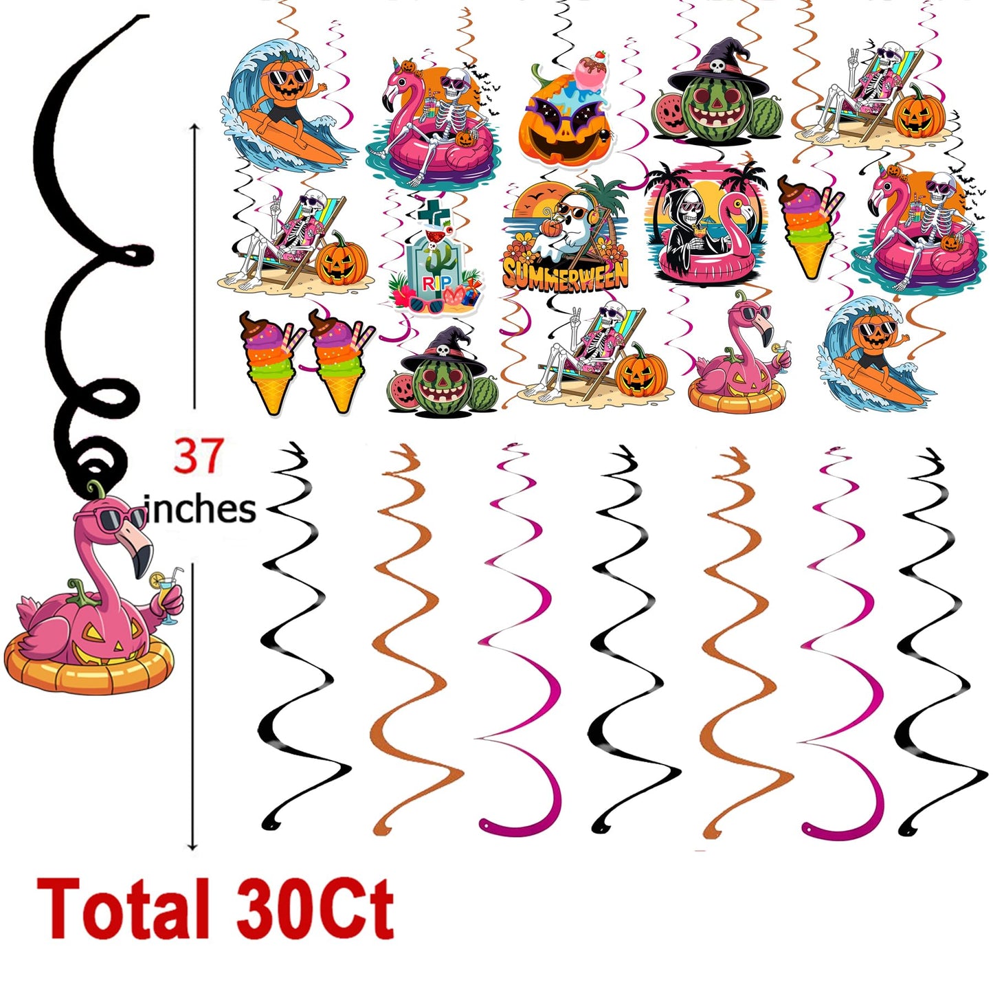 Happy Summerween Banner with Hanging Swirls Summer Halloween Party Decorations, Hawaii Halloween Tropical Summerween Ceiling Swirls Banner Party Decorations