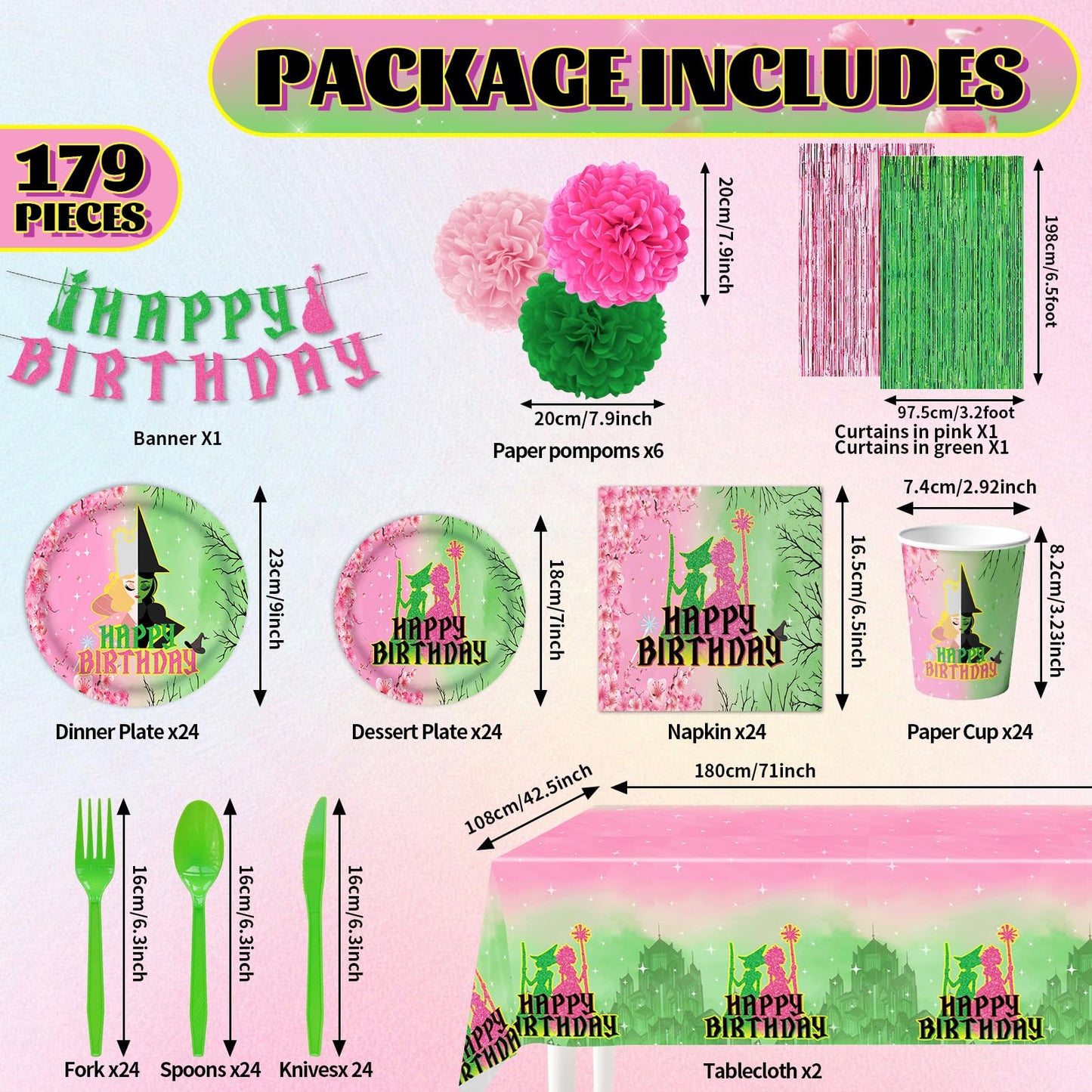179Pcs Pink and Green Witch Party Decorations Tableware,Witch Table Centerpieces Movie Themed Birthday Party Supplies Include Banner Paper Pom Poms Plates Knives Forks Cups Set for Severs