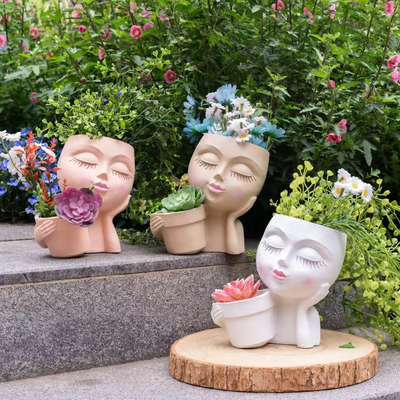 LaulaEnderay Face Plant Pots for Indoor Outdoor Plants, Resin Head Planter with Drainage Hole, Unique Cute Lady Face Plant Pots, Home Garden Decoration Succulents Cactus Planters Skin