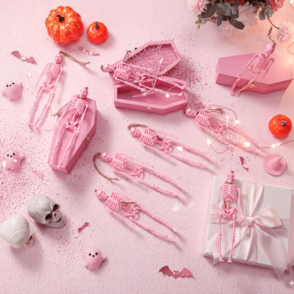 Roowest 36 Pcs Mini Skeleton Figurines Bulk, 6.7 Pink Halloween Skeletons Decor Small Plastic Hanging Skeletons for Halloween Craft Graveyard Haunted House Accessories Party Decor