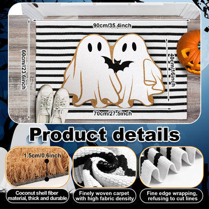 Duraaamo 2 Pcs Halloween Coir Doormat Outdoor Ghost Welcome Mat Layered Buffalo Plaid Black and White Rug Natural Coir Door Checkered Mat for Halloween Front Porch Entryway Decor
