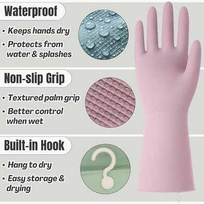 IMARU 3 Pairs Dishwashing Gloves with Hanging Hooks - Reusable Rubber Cleaning Gloves for Household & Kitchen & Gardening, Non-Slip & Waterproof & Durable (Medium)