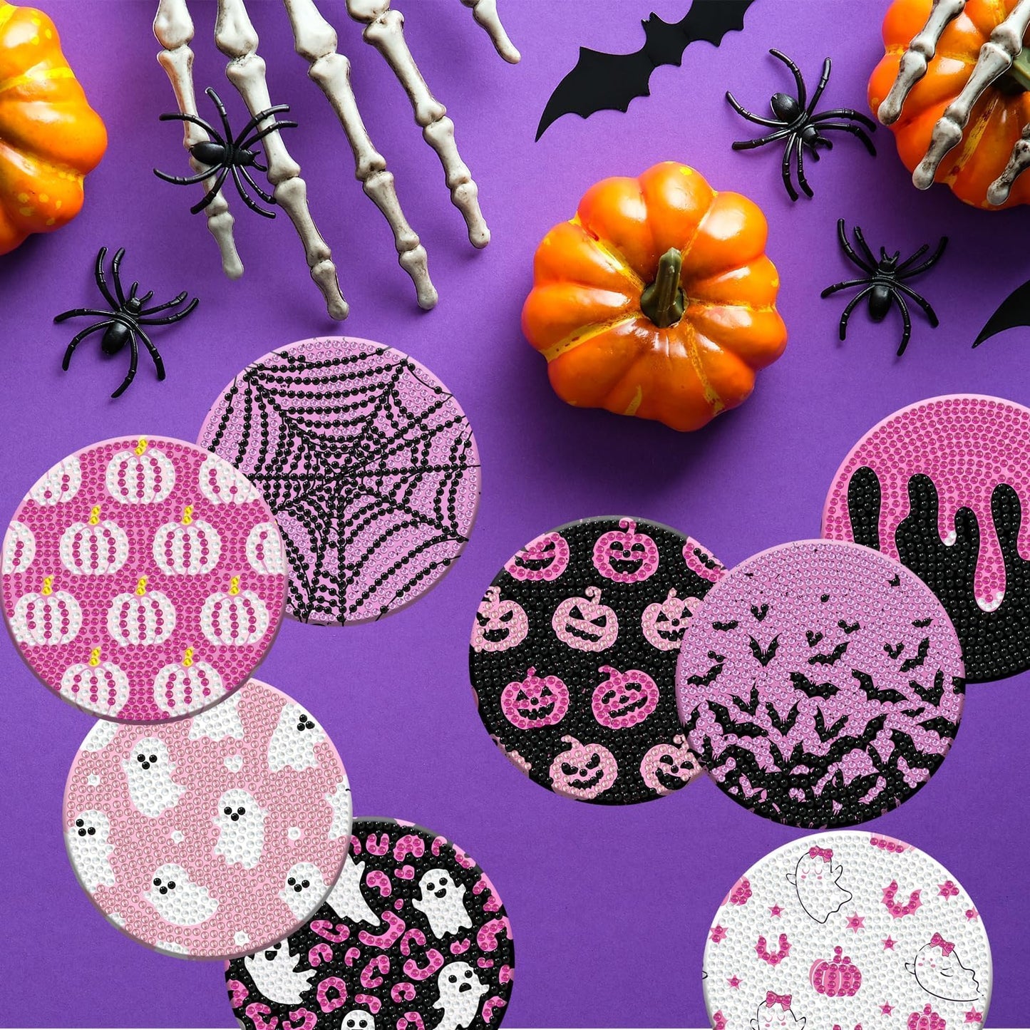 Denylo pro 8 Pcs Halloween Diamond Art Painting Coasters Kits with Holder DIY Pink Halloween Diamond Art Coaster for Adults