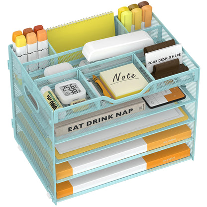 OrgMate 5 Tier Paper Letter Tray with 3 Drop-in Pen Holders, Mesh Desk File Organizer with Handle, Desk Organizers and Accessories for School,Home, Office Supplies Storage-Blue