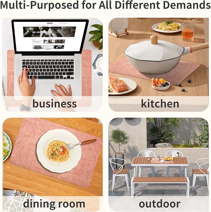 Maxpearl Faux Leather Placemats Set of 4 - Waterproof - Wipe Clean - Heat Resistant - Anti Slip Dining Table Place Mats, Suitable for Indoor & Outdoor Use, 17’’×12’’, Peachy Pink