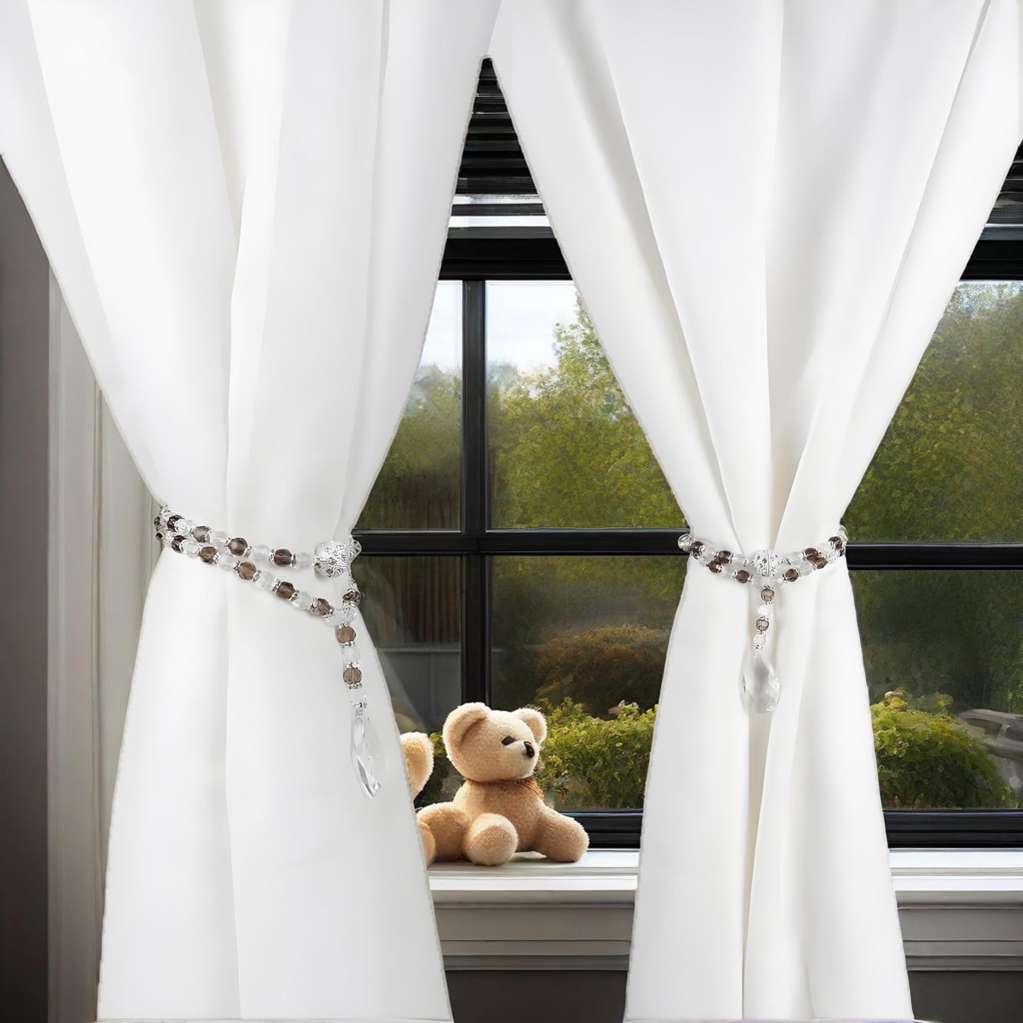 SUQ I OME 1 Pair of Luxury Crystal Beaded Magnetic Curtain Tieback and Holdback Curtain Clips Curtain Buckle Curtain Holder Blingbling Curtain Holdbacks for Drapes,Gray